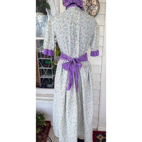 Vintage 70's Cotton Floral Purple Flower Dress With Matching Bonnet Sz M - Picture 11 of 16
